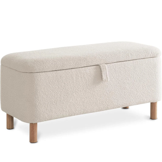 39.5" Boucle Storage Ottoman Bench for Bedroom end of Bed, Sherpa Upholstered Shoe Seat Storage Beach for Entryway, Off White