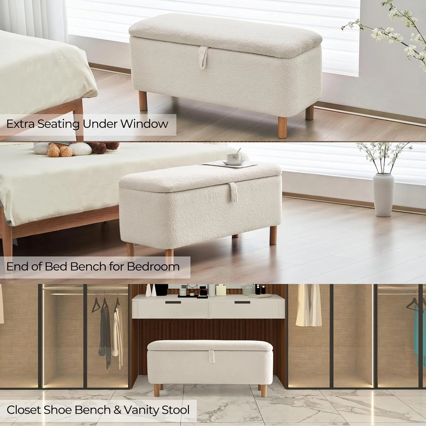 39.5" Boucle Storage Ottoman Bench for Bedroom end of Bed, Sherpa Upholstered Shoe Seat Storage Beach for Entryway, Off White