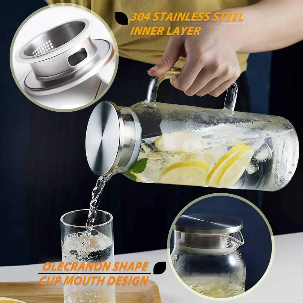 Glass Pitcher with Lid,1.5 Litre Glass Jug with Sealed Lid,Beverage Pitcher for Hot/Cold Water,Iced Tea and Juice Drink