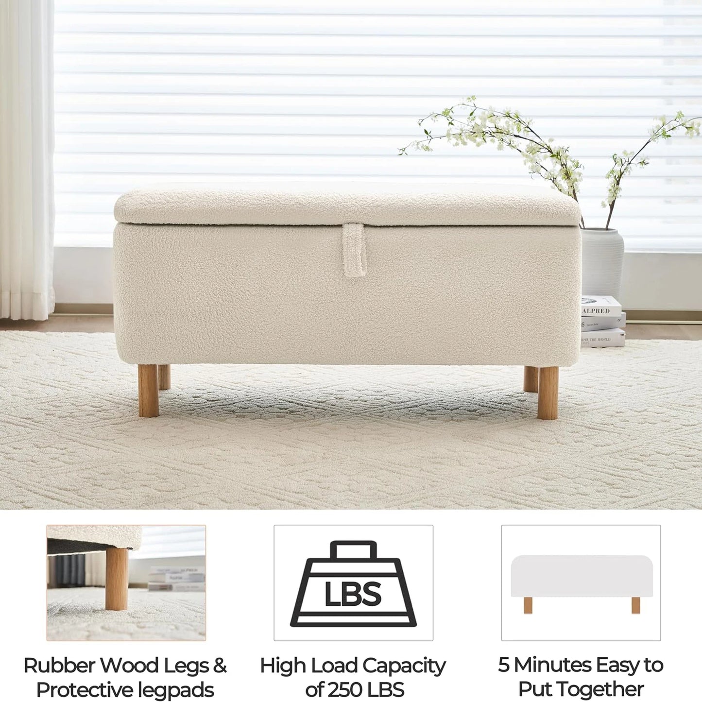 39.5" Boucle Storage Ottoman Bench for Bedroom end of Bed, Sherpa Upholstered Shoe Seat Storage Beach for Entryway, Off White