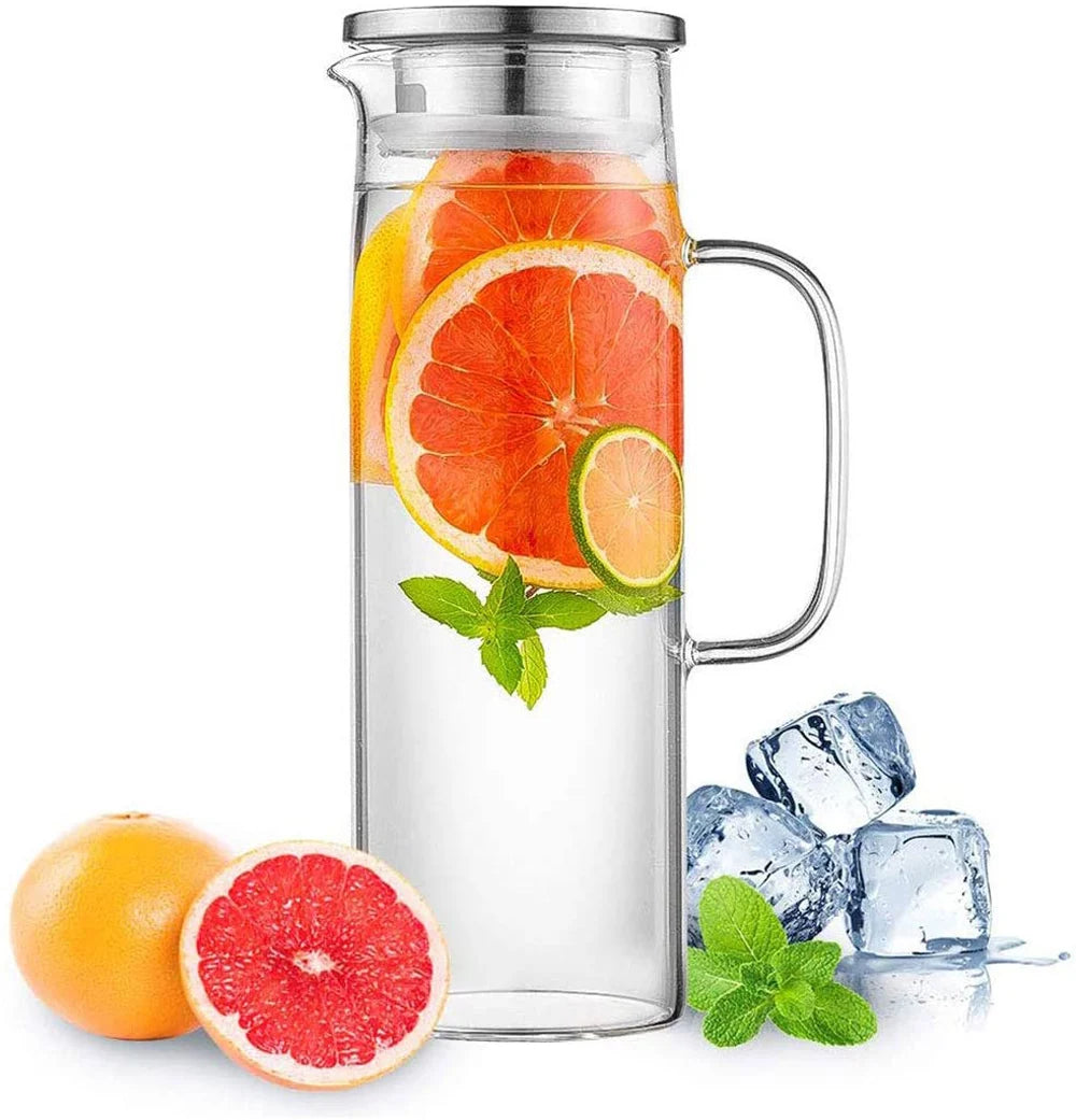 Glass Pitcher with Lid,1.5 Litre Glass Jug with Sealed Lid,Beverage Pitcher for Hot/Cold Water,Iced Tea and Juice Drink