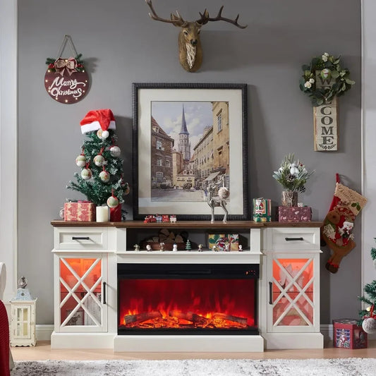 Farmhouse TV Stand, with Fireplace,  for TVs Up To 80 in, with 2 Drawers & 2 Storage Cabinet for Living Room,Fireplace TV Stand