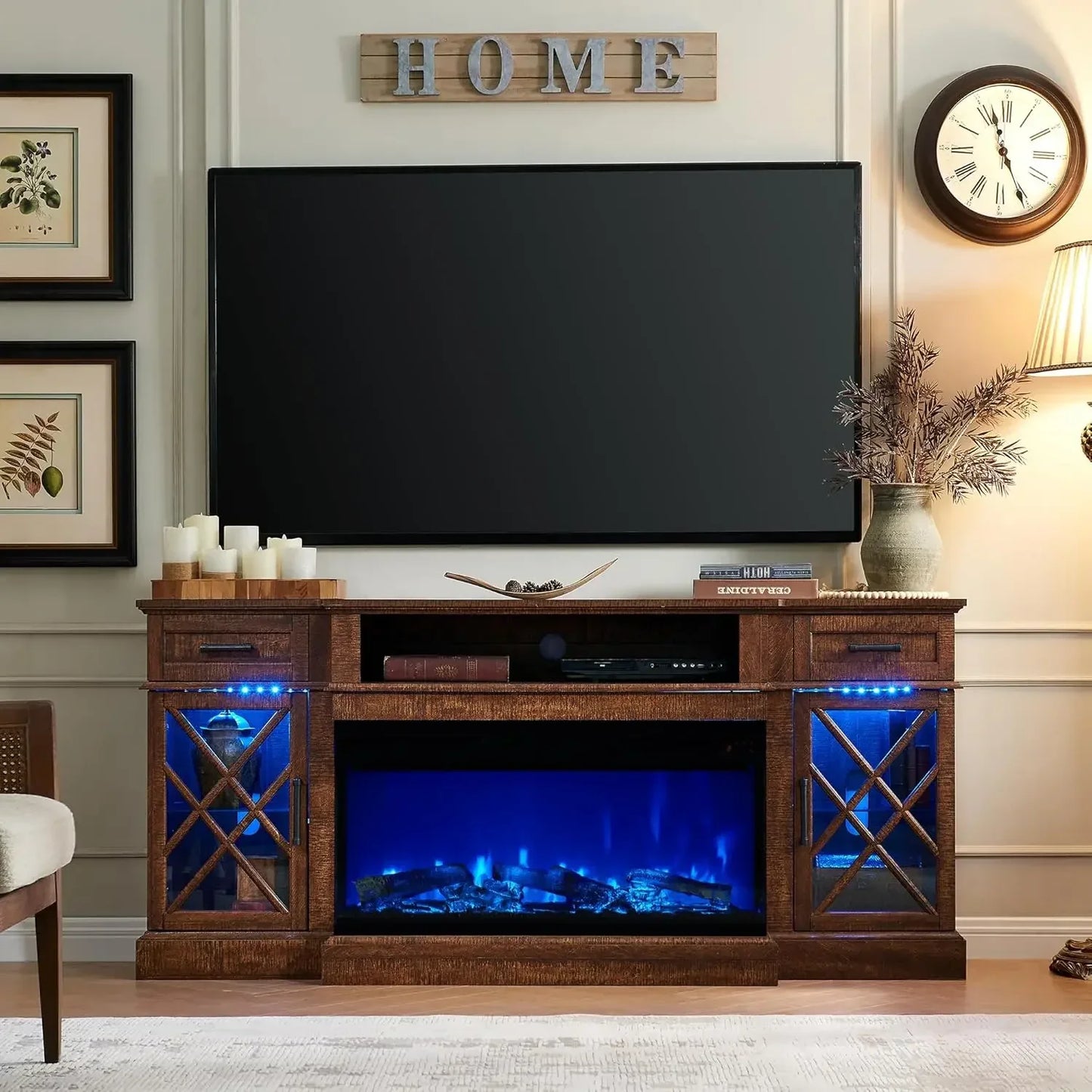 Farmhouse TV Stand, with Fireplace,  for TVs Up To 80 in, with 2 Drawers & 2 Storage Cabinet for Living Room,Fireplace TV Stand