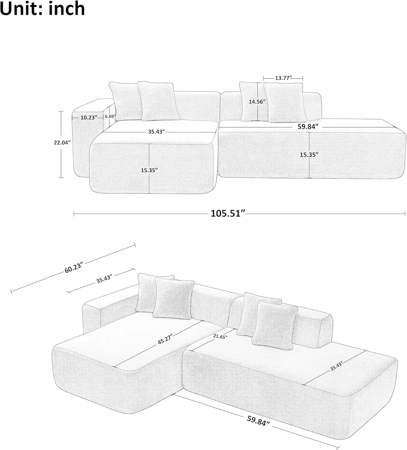 105.5" Sponge Sectional Sofa Couch for Living Room, Lambswool Fabric Modern L-Shape Sectional Sofa with Chaise Lounge