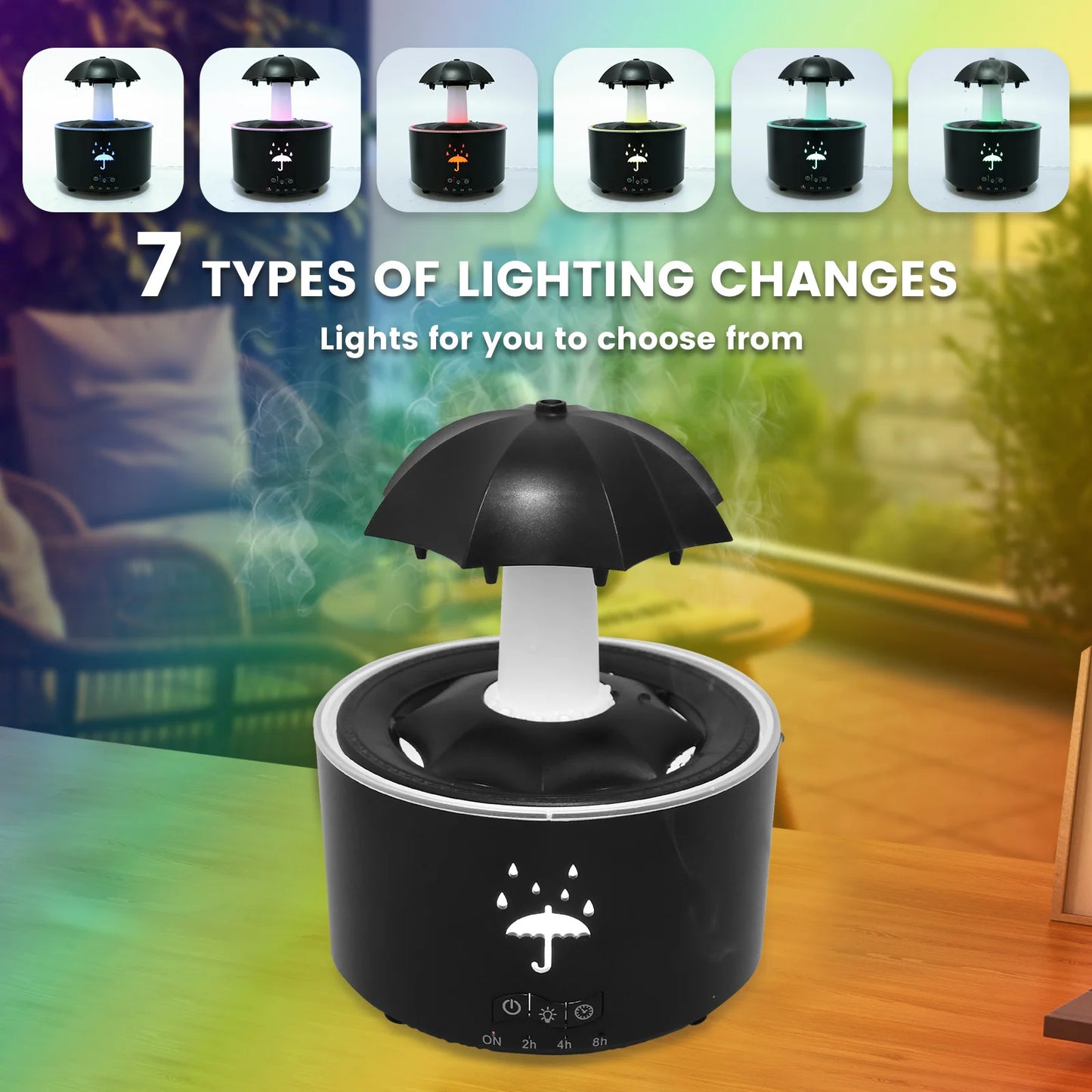 Rain Umbrella Humidifier with 7 Colors LED Light 300ml Rain Humidifier with Timer Soothing Aroma Diffuser Water Drip Humidifier