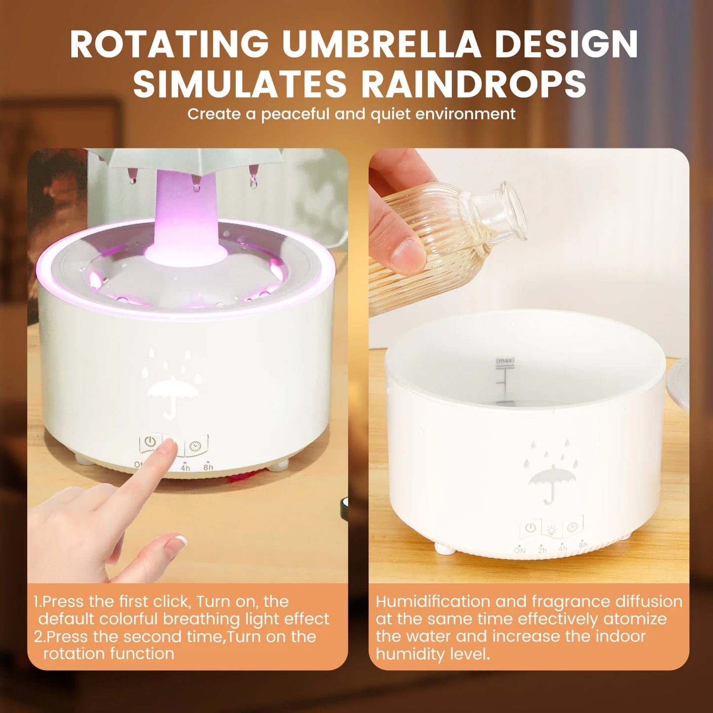 Rain Umbrella Humidifier with 7 Colors LED Light 300ml Rain Humidifier with Timer Soothing Aroma Diffuser Water Drip Humidifier