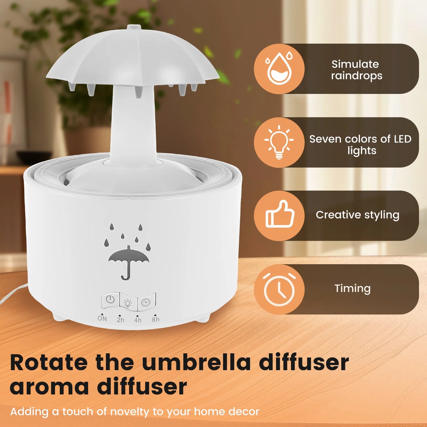 Rain Umbrella Humidifier with 7 Colors LED Light 300ml Rain Humidifier with Timer Soothing Aroma Diffuser Water Drip Humidifier