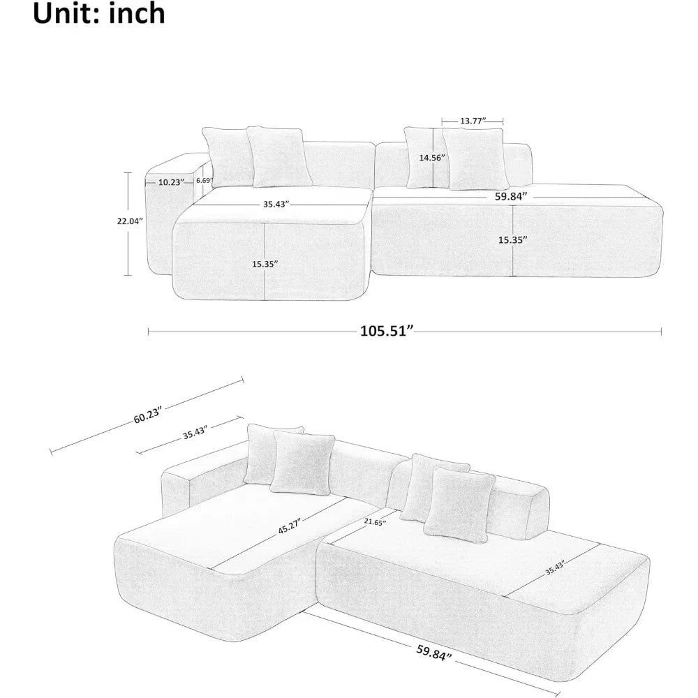 105.5" Sponge Sectional Sofa Couch for Living Room, Lambswool Fabric Modern L-Shape Sectional Sofa with Chaise Lounge